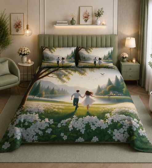 7D Printed Couple Microfiber Queen Size Double Bedsheet with Pillow Covers
