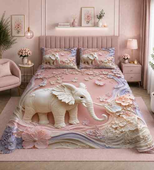 7D Printed Elephant Microfiber Queen Size Double Bedsheet with Pillow Covers