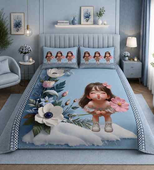 7D Printed Floral Kiss Kids Microfiber Queen Size Double Bedsheet with Pillow Covers
