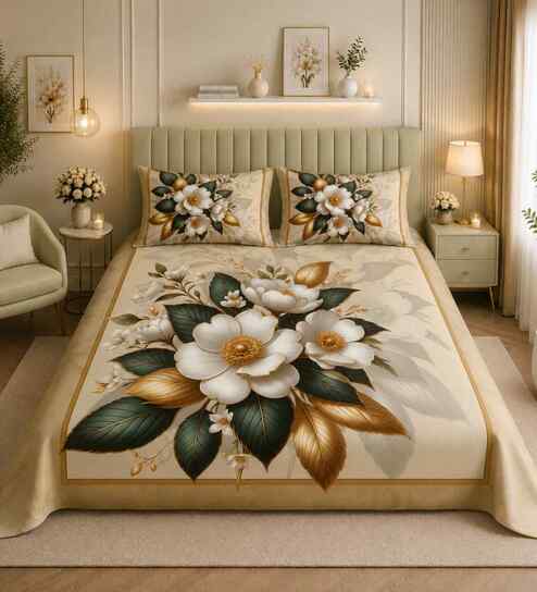 7D Printed Floral Microfiber Queen Size Double Bedsheet with Pillow Covers