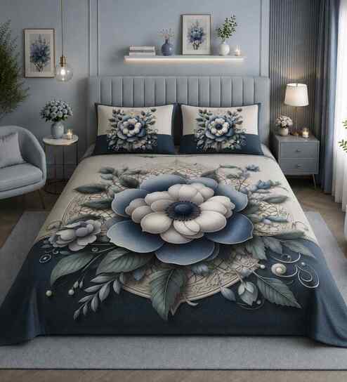 7D Printed Floral Microfiber Queen Size Double Bedsheet with Pillow Covers