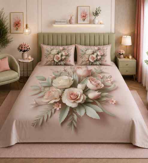 7D Printed Floral Microfiber Queen Size Double Bedsheet with Pillow Covers