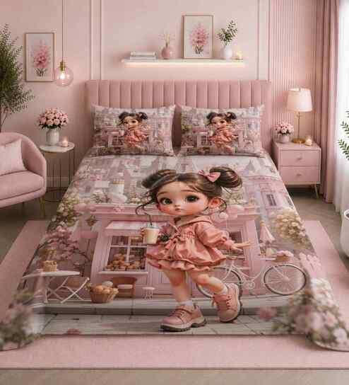 7D Printed Girl & Cafe Microfiber Queen Size Double Bedsheet with Pillow Covers