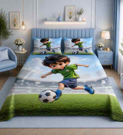 7D Printed Little Football Champion Kids Microfiber Queen Size Double Bedsheet with Pillow Covers