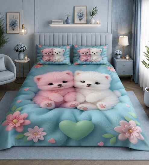 7D Printed Pups Kids Microfiber Queen Size Double Bedsheet with Pillow Covers