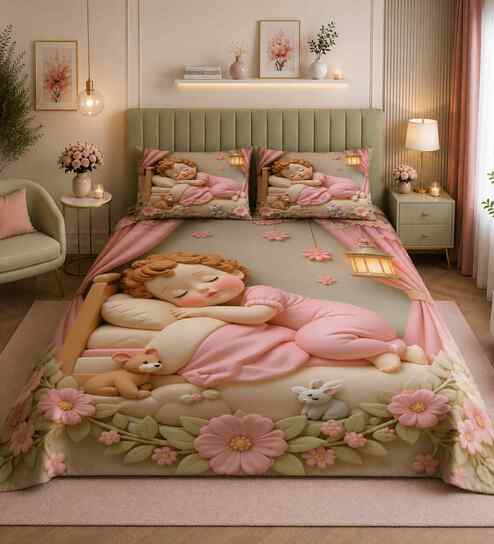 7D Printed Sleeping Doll Microfiber Queen Size Double Bedsheet with Pillow Covers