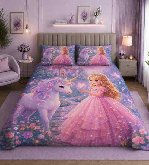 7D Printed Unicorn Microfiber Queen Size Double Bedsheet with Pillow Covers