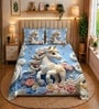 Blue 7D Digital Printed Unicorn Queen Size Bedsheet Sheet with 2 Matching Pillow Covers