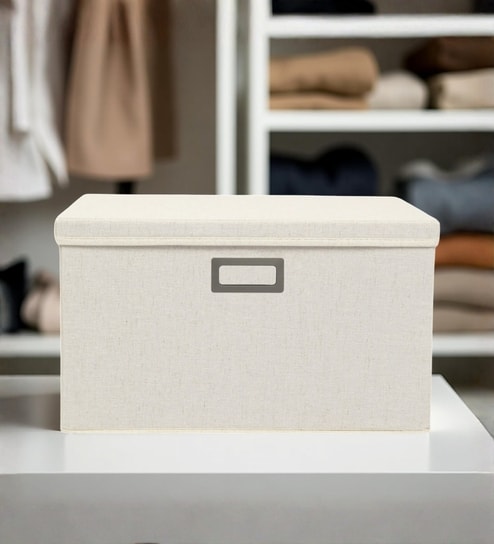 81 L Foldable Storage Box with Lid, Cotton Hemp Fabric Collapsible Organiser