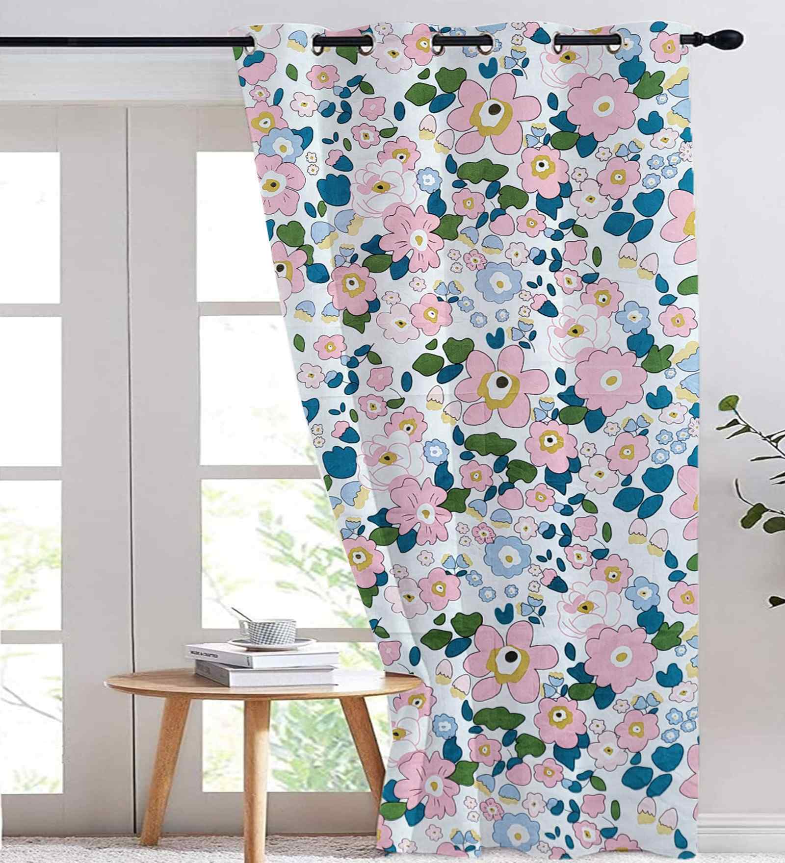 Beige Cotton Floral 9ft Eyelet Long Door Curtain (1 Pc)