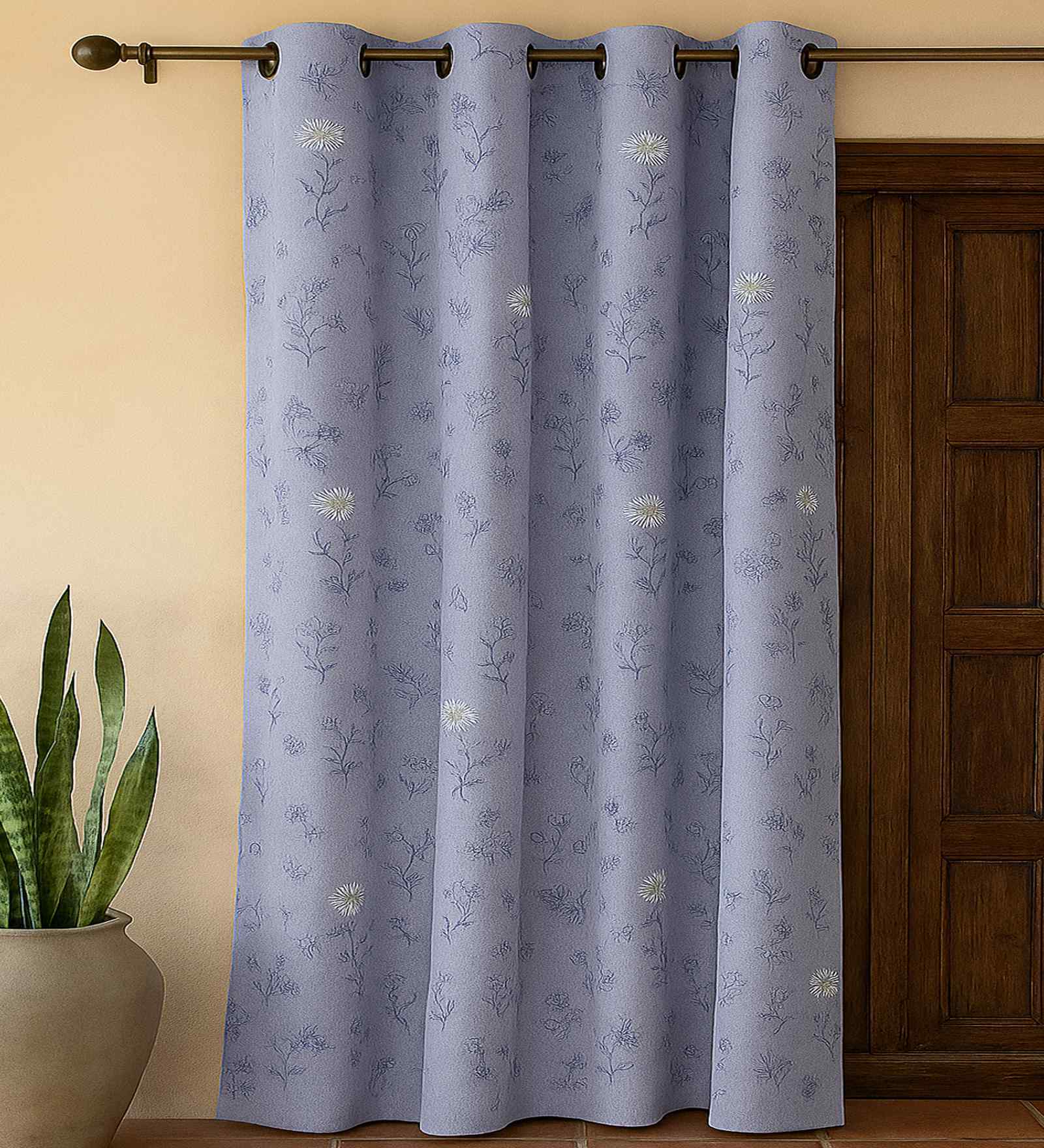 Grey Cotton Floral 9ft Eyelet Long Door Curtain (1 Pc)