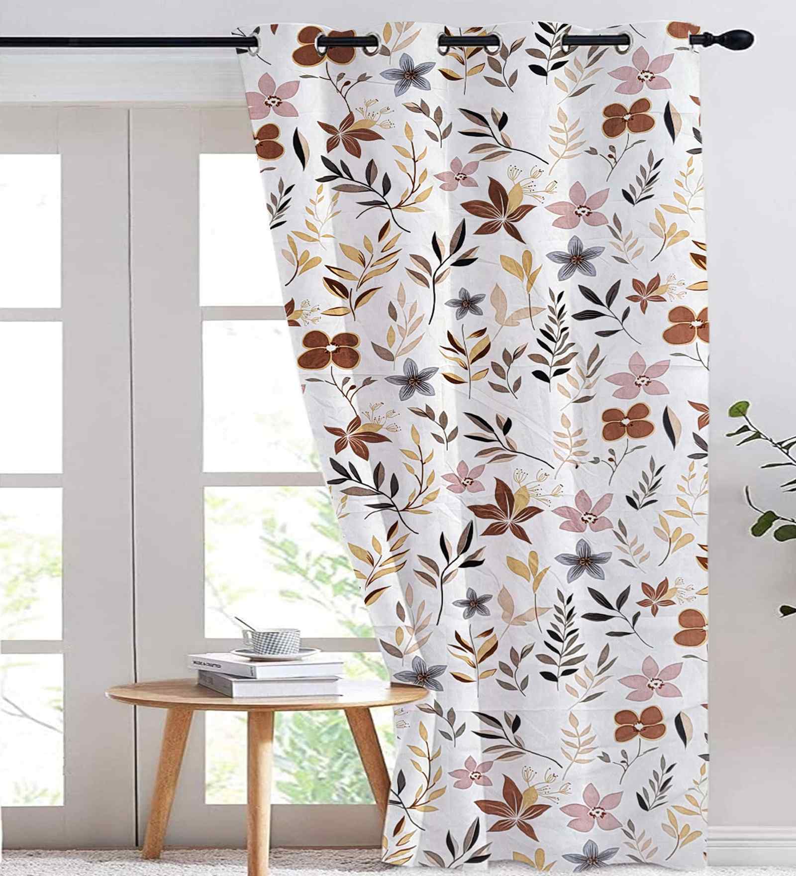 Beige Cotton Floral 9ft Eyelet Long Door Curtain (1 Pc)