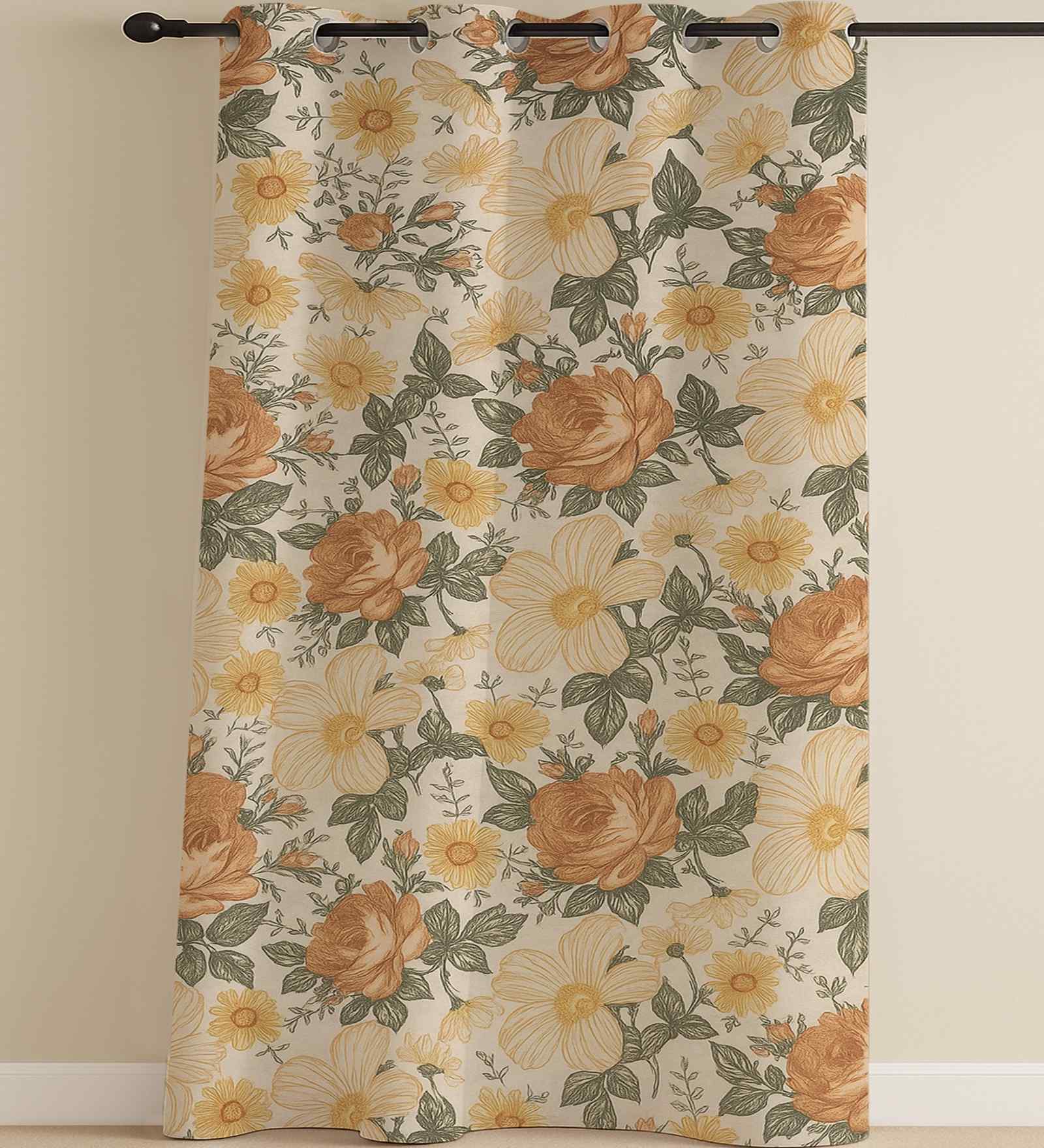 Orange Cotton Floral 9ft Eyelet Long Door Curtain (1 Pc)