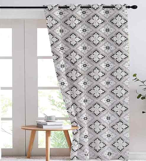 Grey Cotton Floral 9ft Eyelet Long Door Curtain (1 Pc)