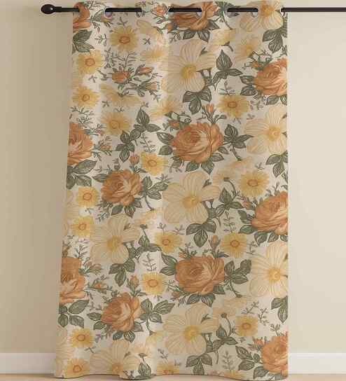 Orange Cotton Floral 9ft Eyelet Long Door Curtain (1 Pc)