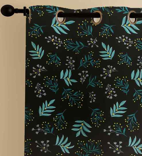 Black Cotton Floral 9ft Long Door Curtain (1 Pc)