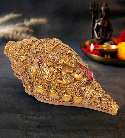 9 Inch Ganesha Carving Shankh Showpiece(Golden Antique)