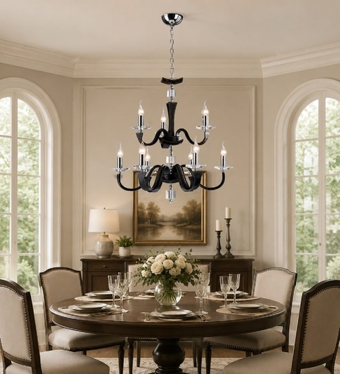 9-Light 2-Tier Pendant Chandelier   Polished Chrome, Black Faux Leather & Crystal