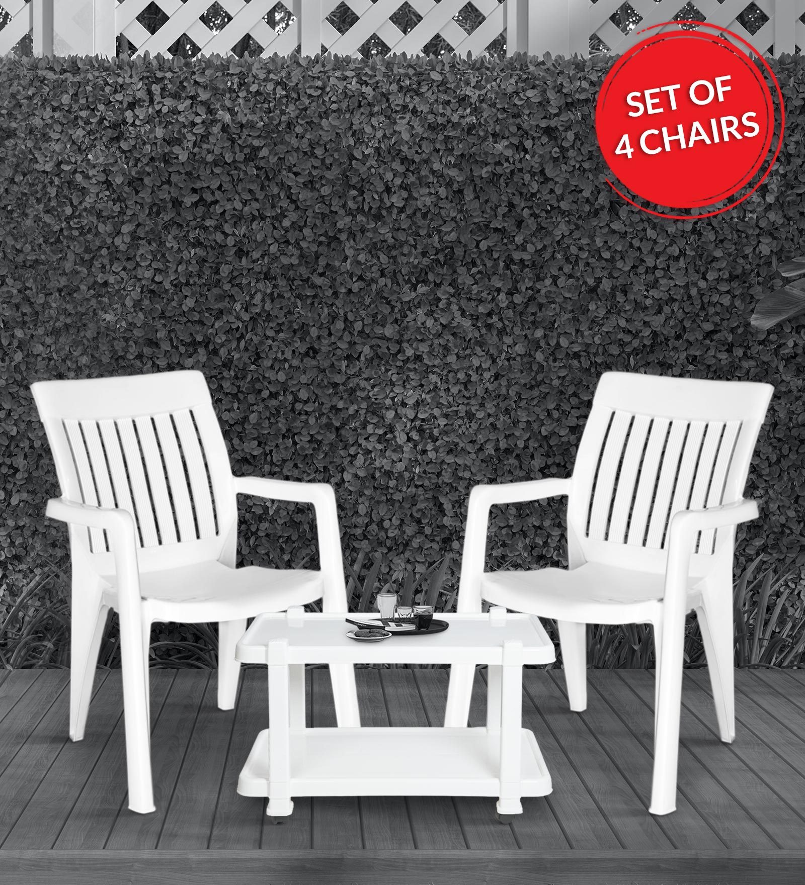 Hugo-Rover Coffee Table Set (4 Chairs + 1 Table) in White Colour