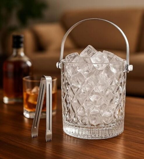 900ml Brick Tear Drops Pattern Glass Ice Bucket with Steel Handles   Wine/Beer Cooler (Transparent)