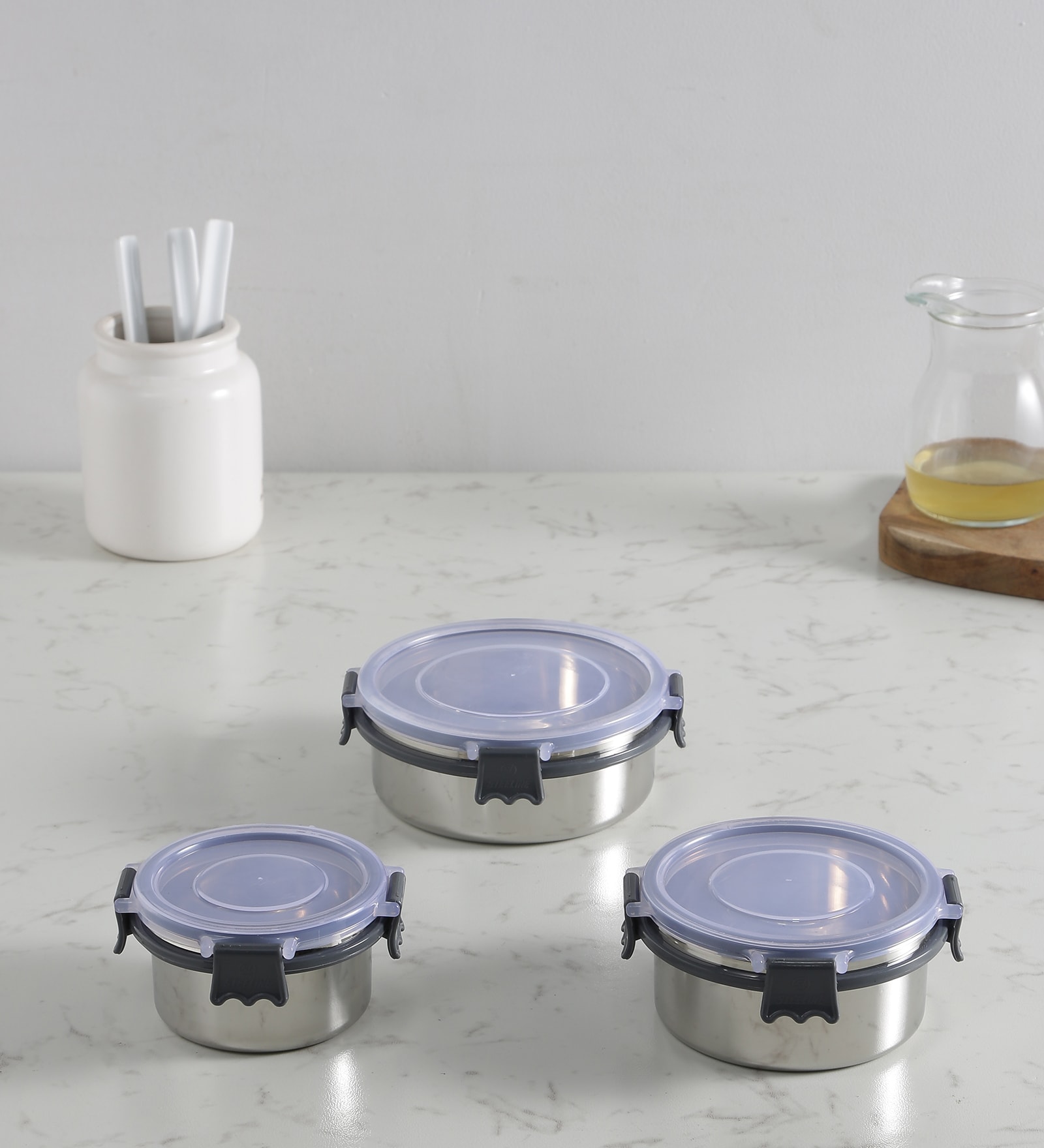 Clear Lock Series Regular Stainless Steel (Set of 3 ) Airtight Container with Leak Proof lid