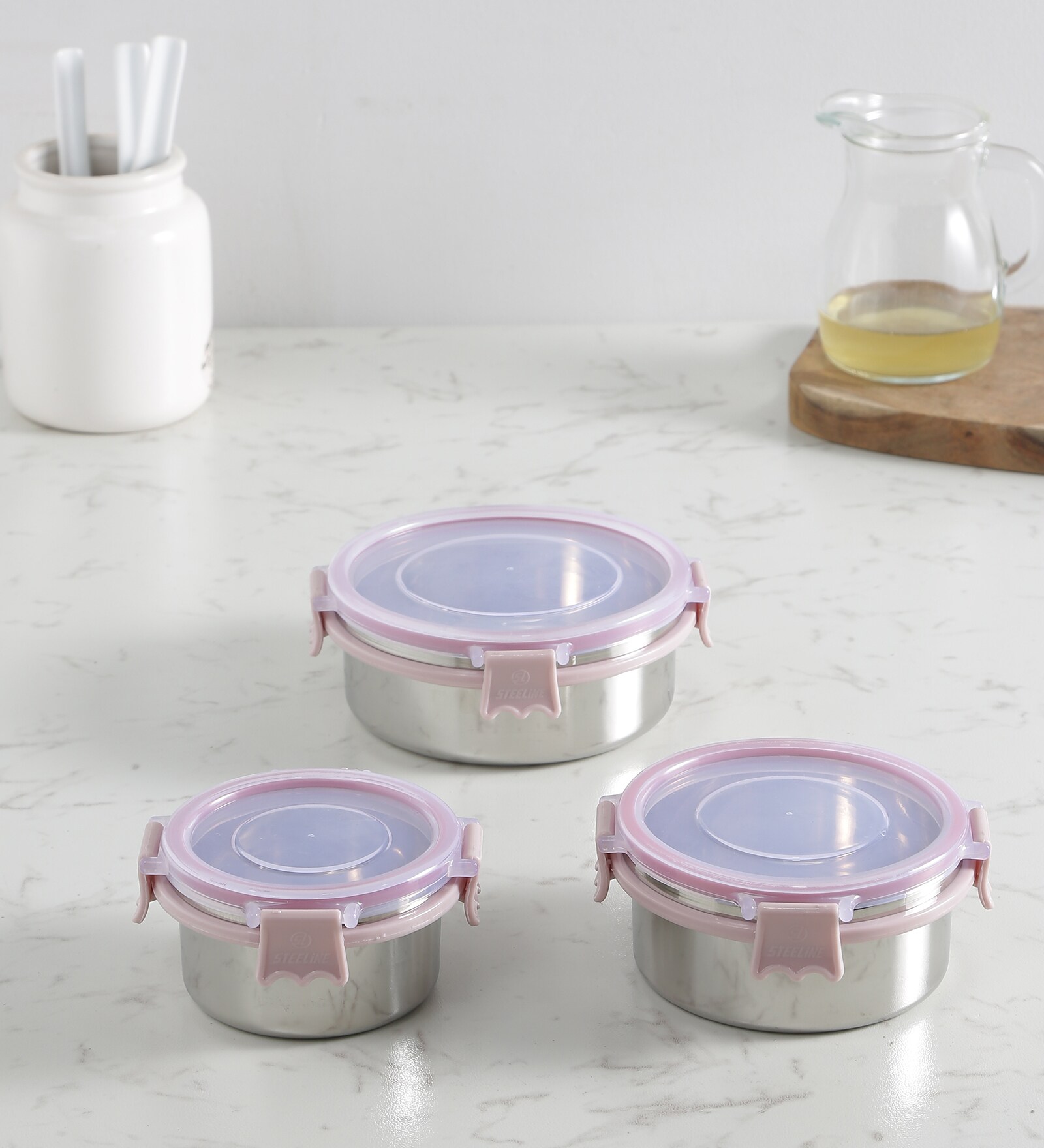 Clear Lock Series Regular Stainless Steel (Set of 3 ) Airtight Container with Leak Proof lid