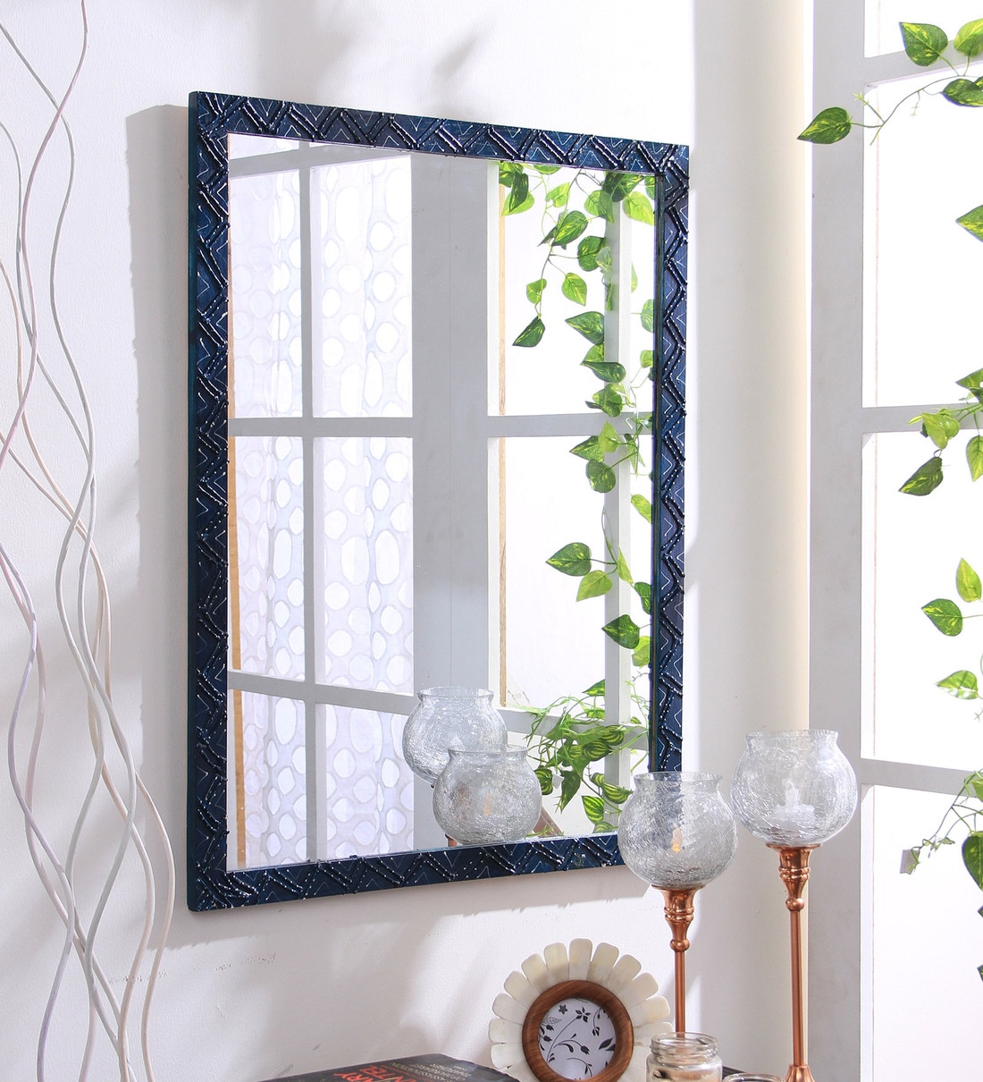 Buy Solid Wood Rectangle Wall Mirror in Blue colour by