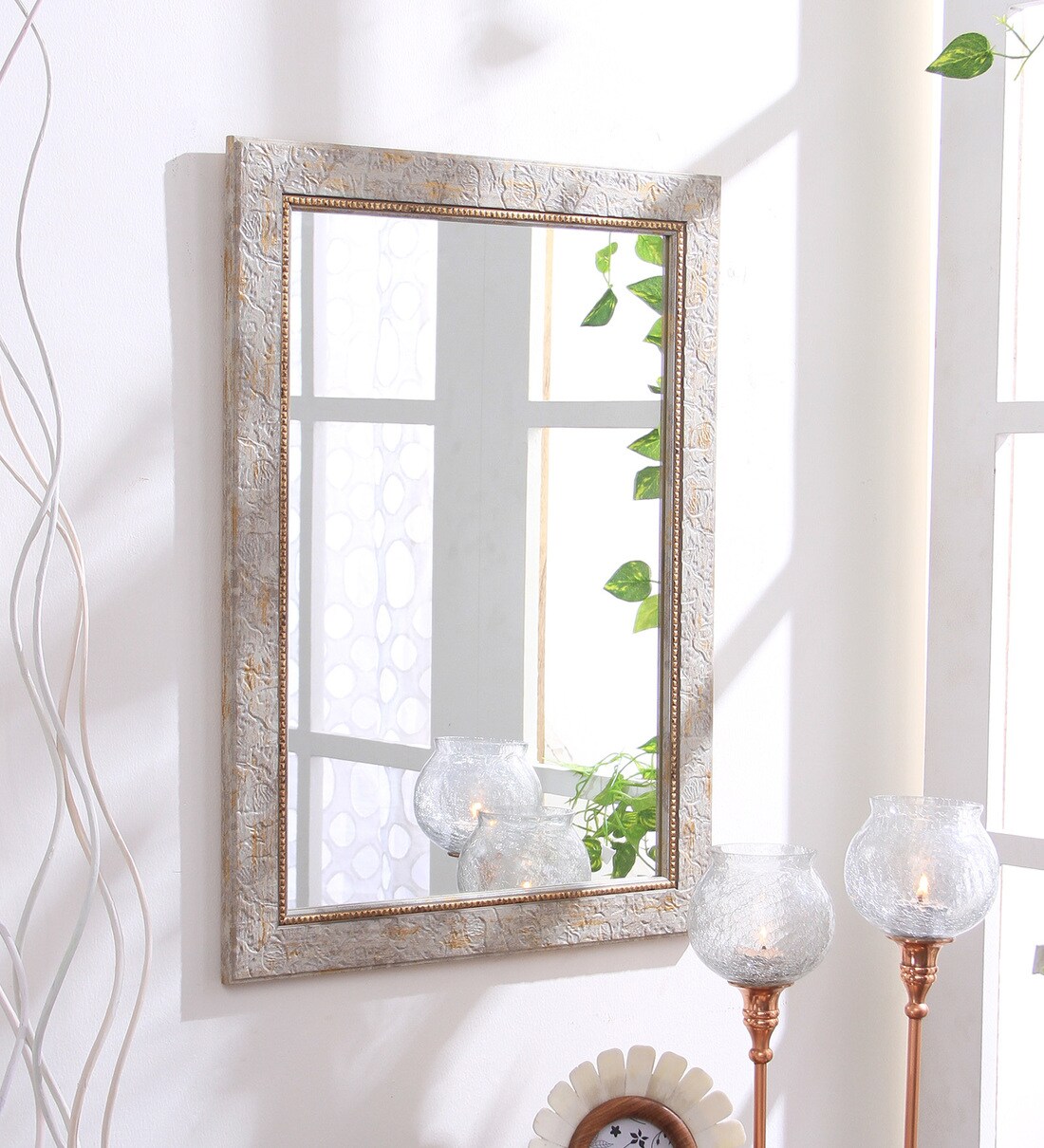 Buy Solid Wood Rectangle Wall Mirror in Silver colour by 999Store