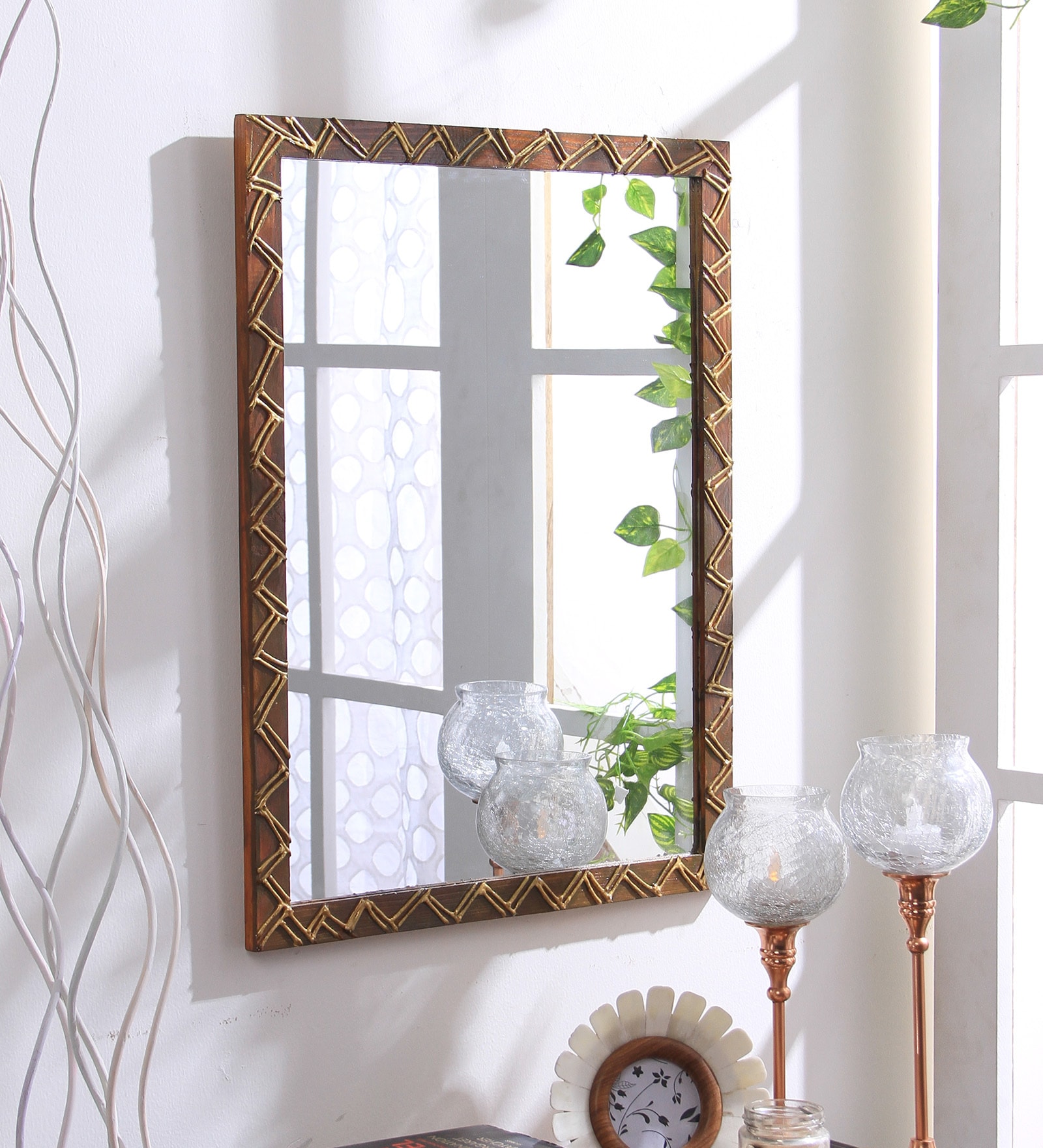 Solid Wood Rectangle Wall Mirror in Brown colour