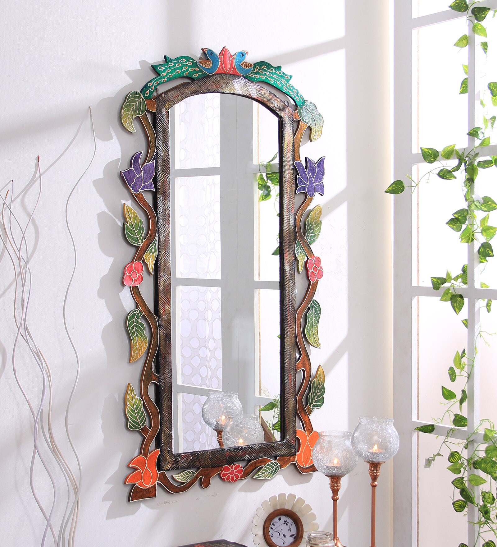 Engineered Wood Abstract Wall Mirror in Brown colour