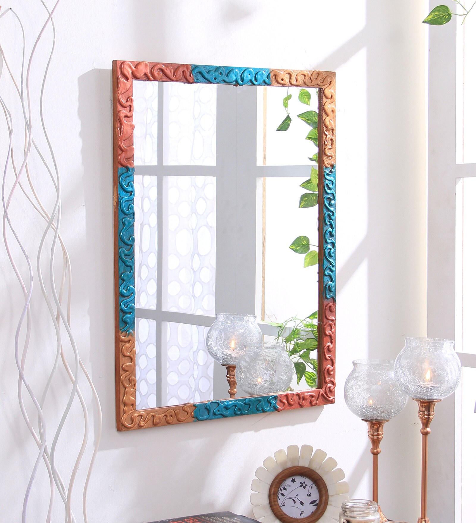 Engineered Wood Rectangle Wall Mirror in Pink colour