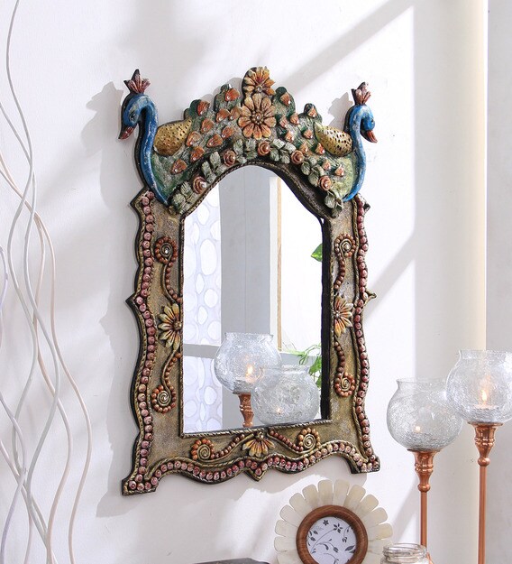 Buy Solid Wood Abstract Wall Mirror In Brown Colour By 999store