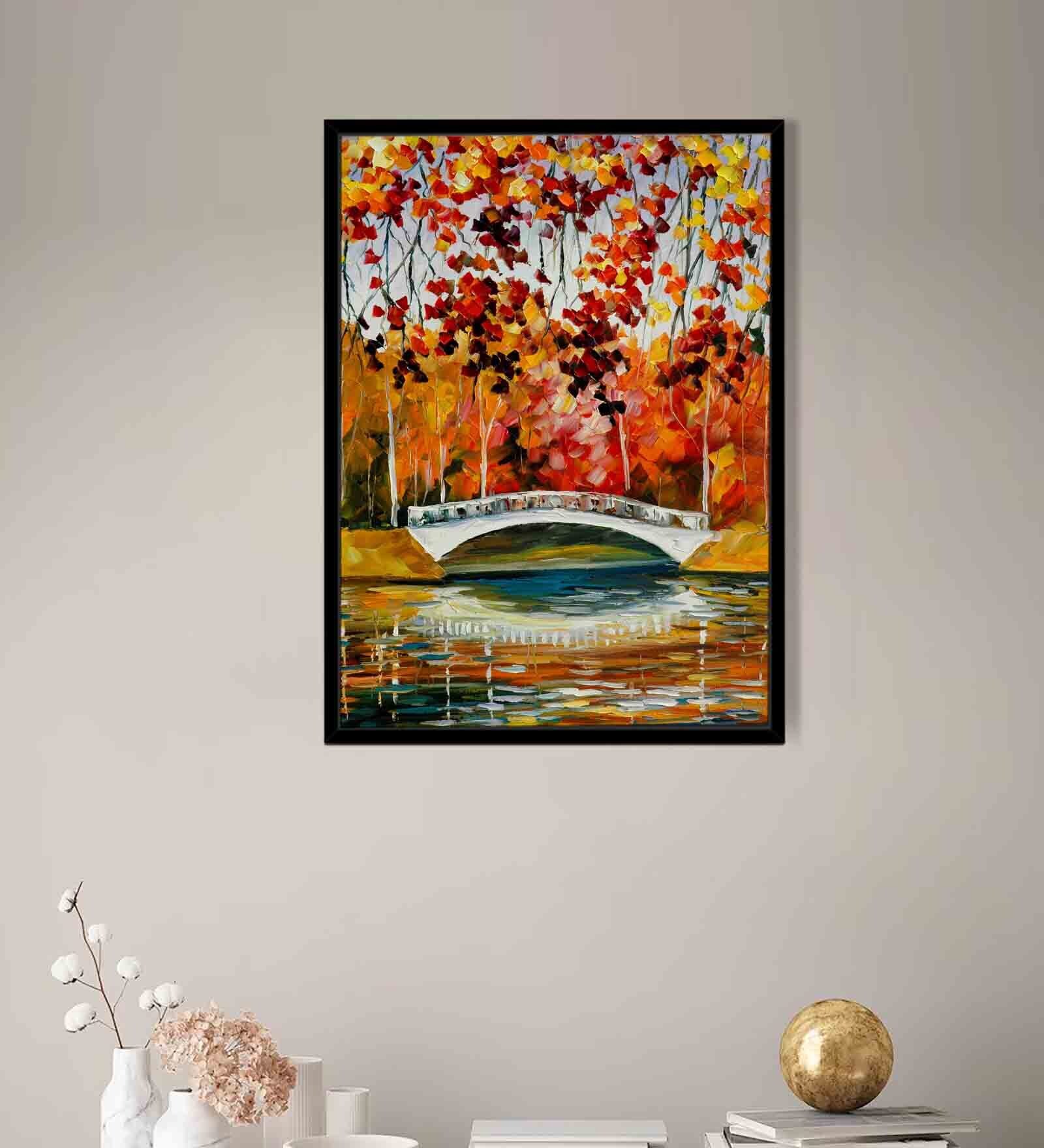 A Bridge Over River Mapple Multicolour Synthetic Wood Framed Canvas Wall Painting