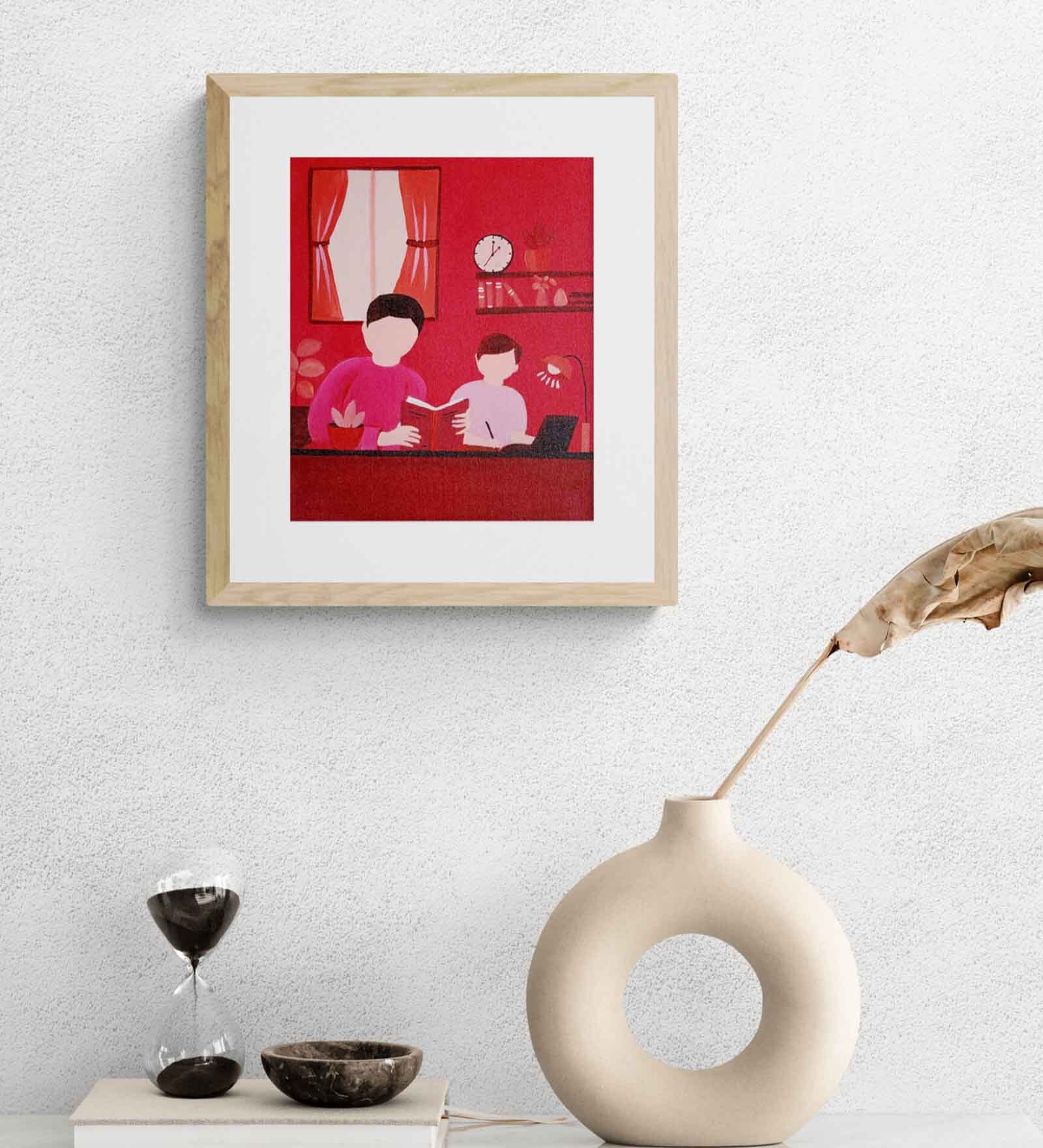 A Father Teaching A Child Handmade Acrylic Paint On Canvas Unframed