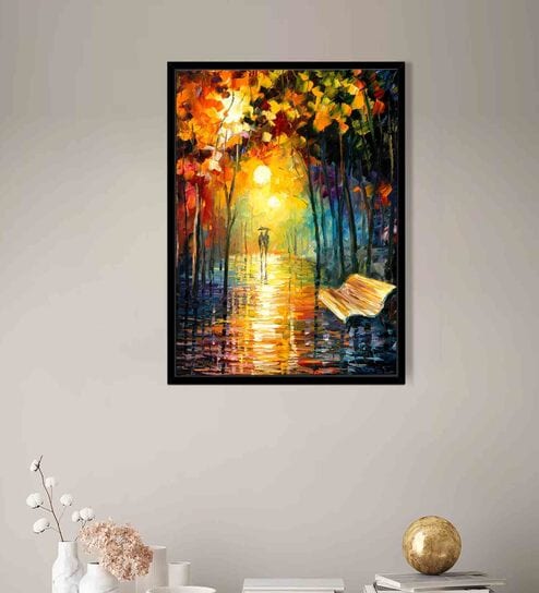 A Walk In The Rain Multicolour Synthetic Wood Framed Canvas Wall Painting