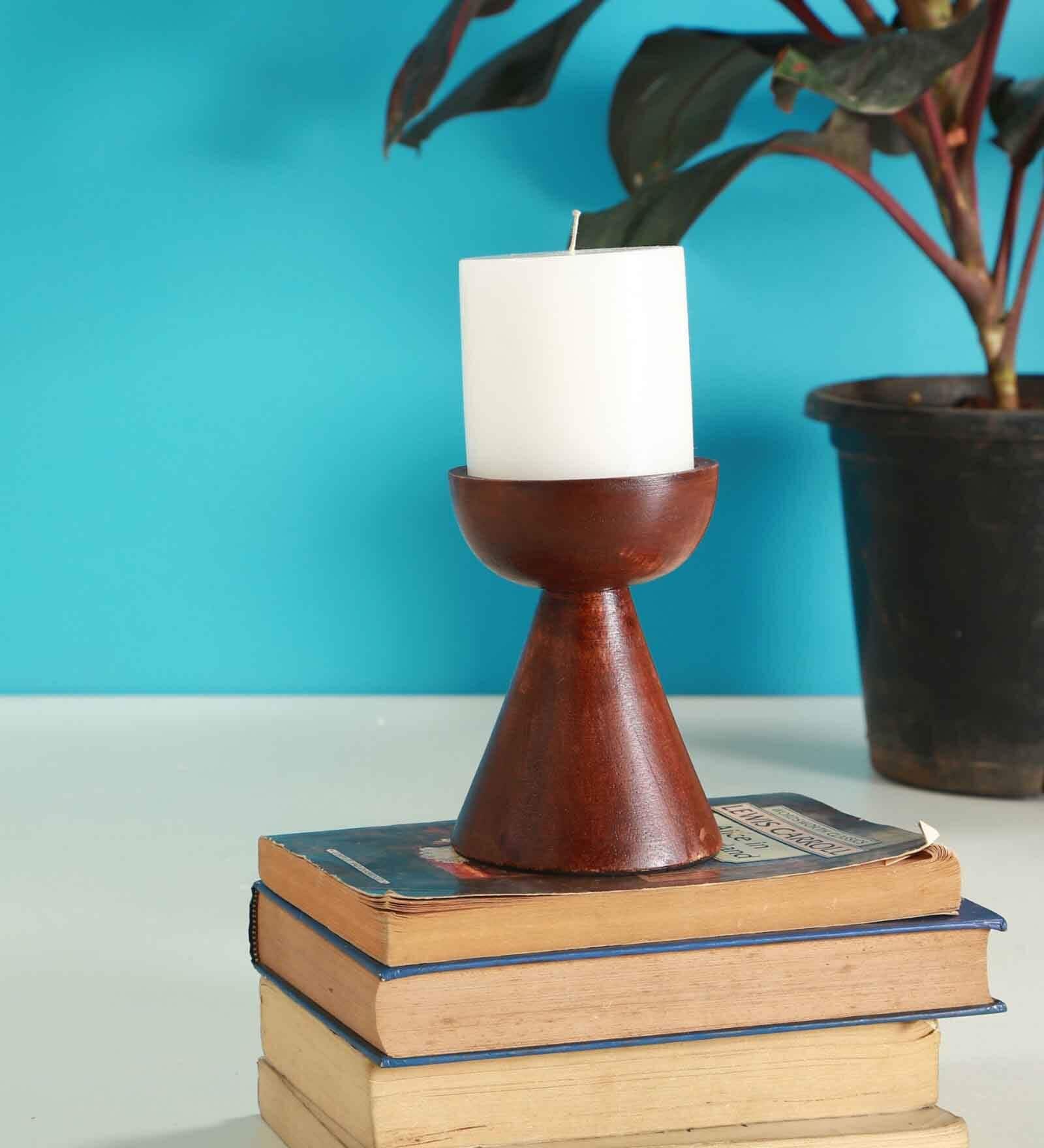 Aachman Wood Conical 5.2 Inch Brown MDF Candle Holder