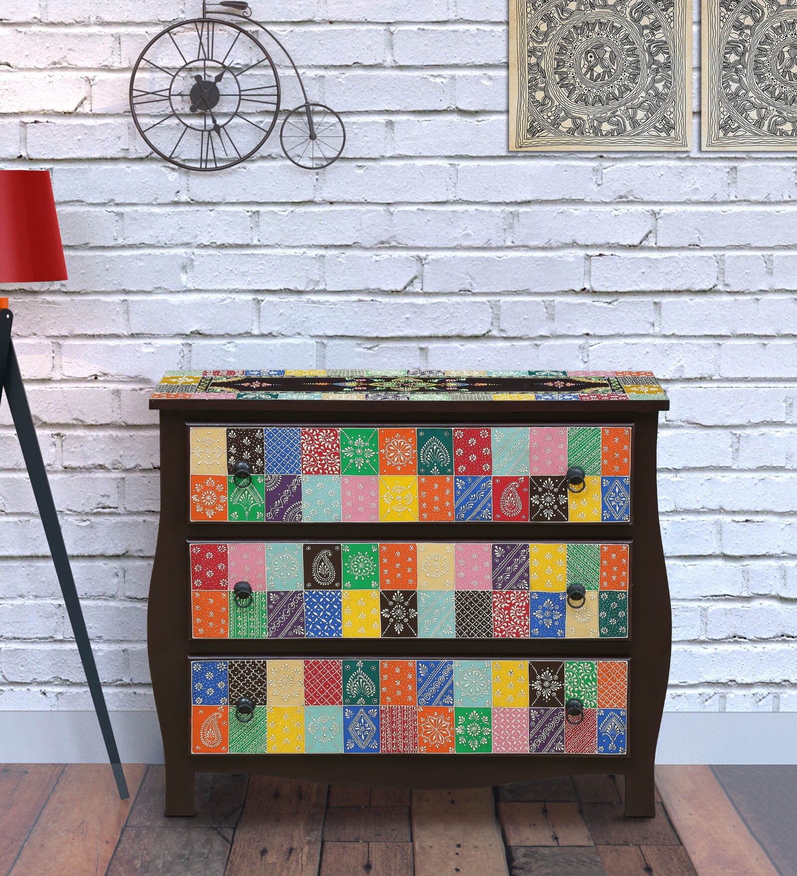 Alankaar Solid Wood Chest Of Drawers In Hand-Painted Multicolour Patches