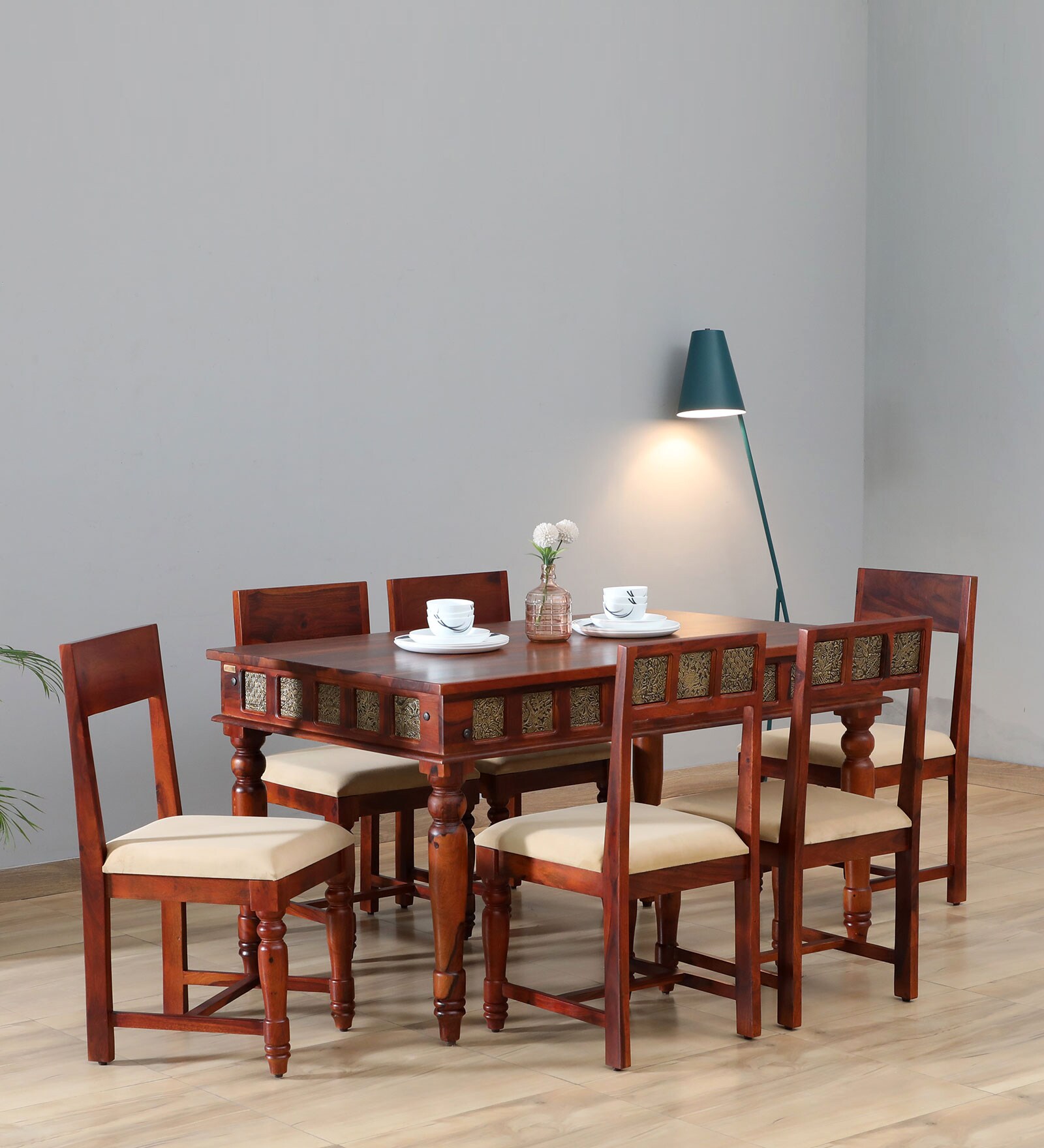 Aakrit Sheesham Wood 6 Seater Dining Set In Scratch Resistant Honey Oak Finish With Brass Cladding