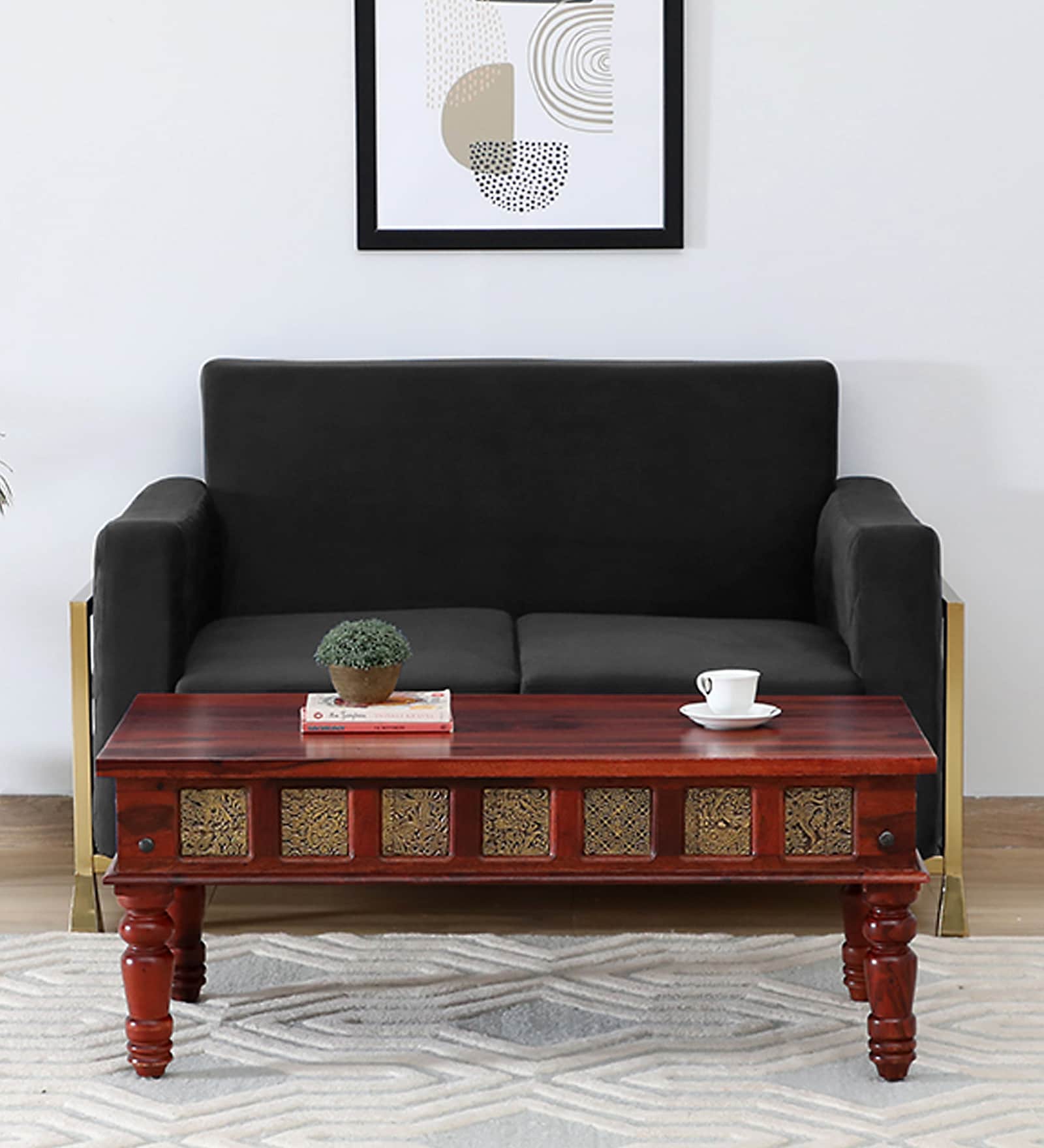 Aakrit Sheesham Wood Coffee Table In Scratch Resistant Honey Oak Finish With Brass Cladding,