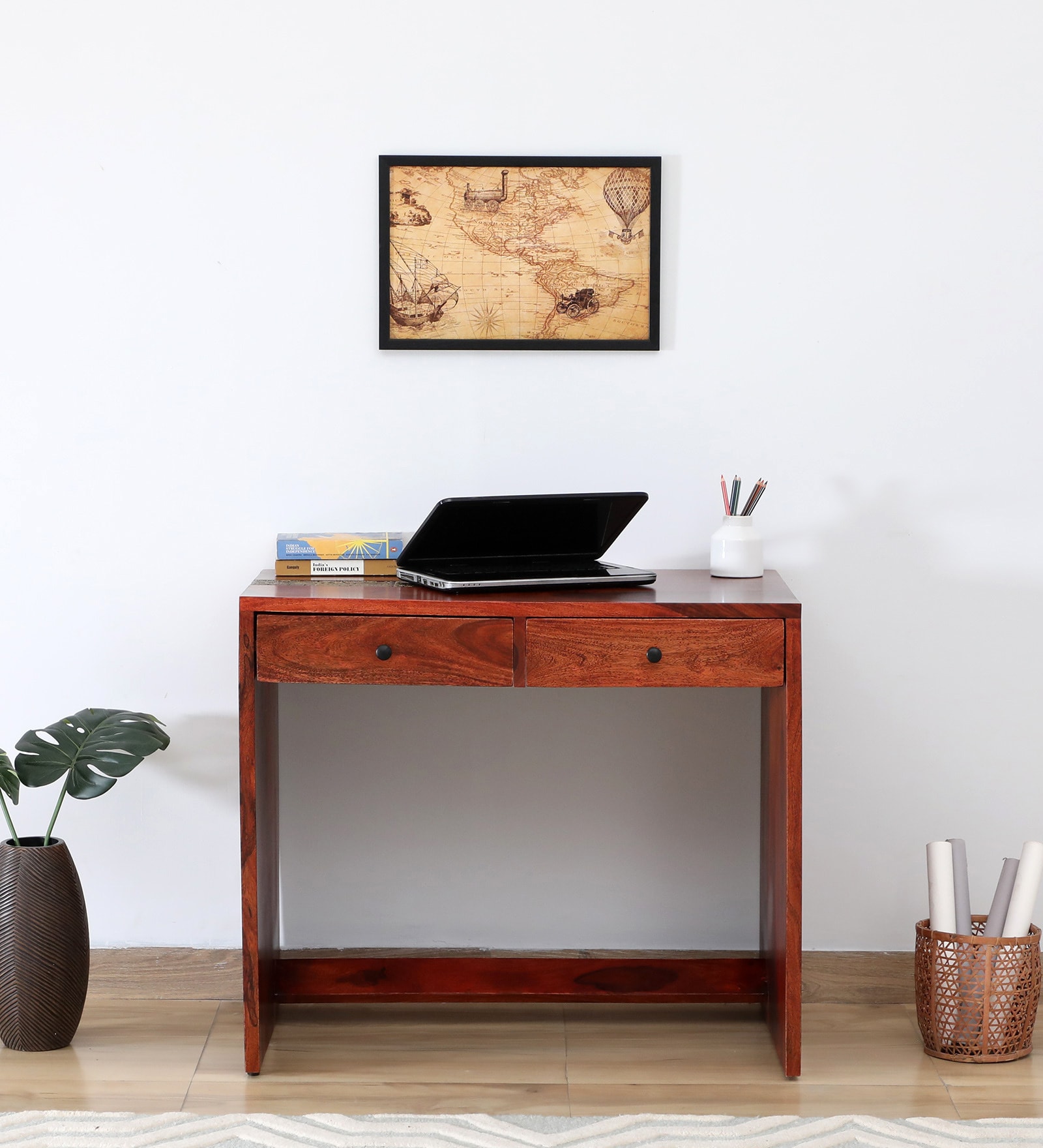 Aakrit Sheesham Wood Study Table In Scratch Resistant Honey Oak Finish With Brass Cladding
