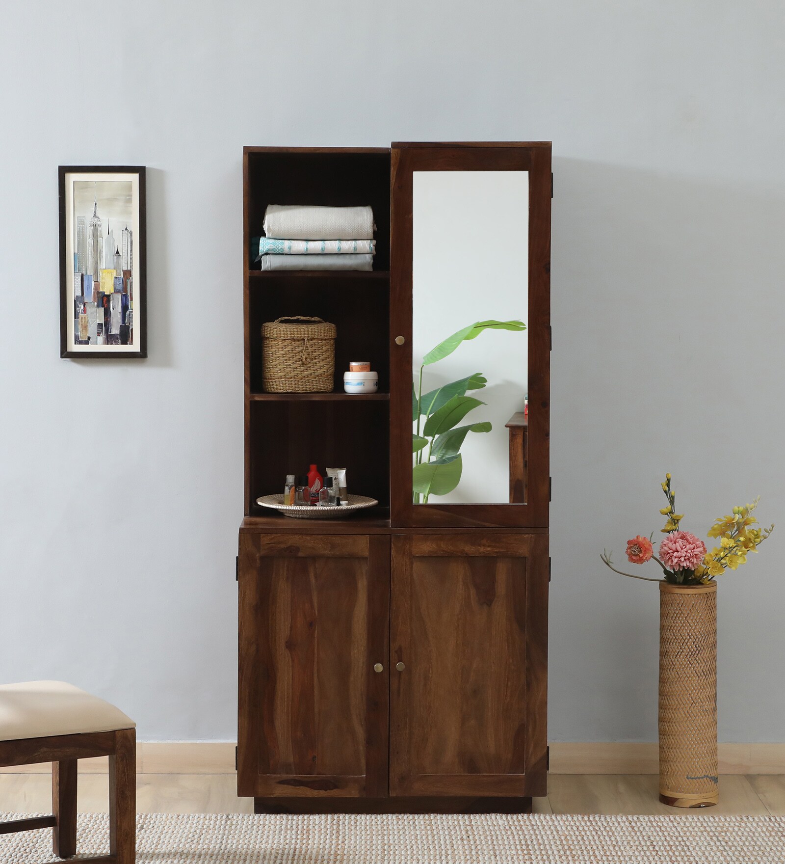 Aalst Sheesham Wood Wardrobe with Mirror  In Provincial Teak Finish