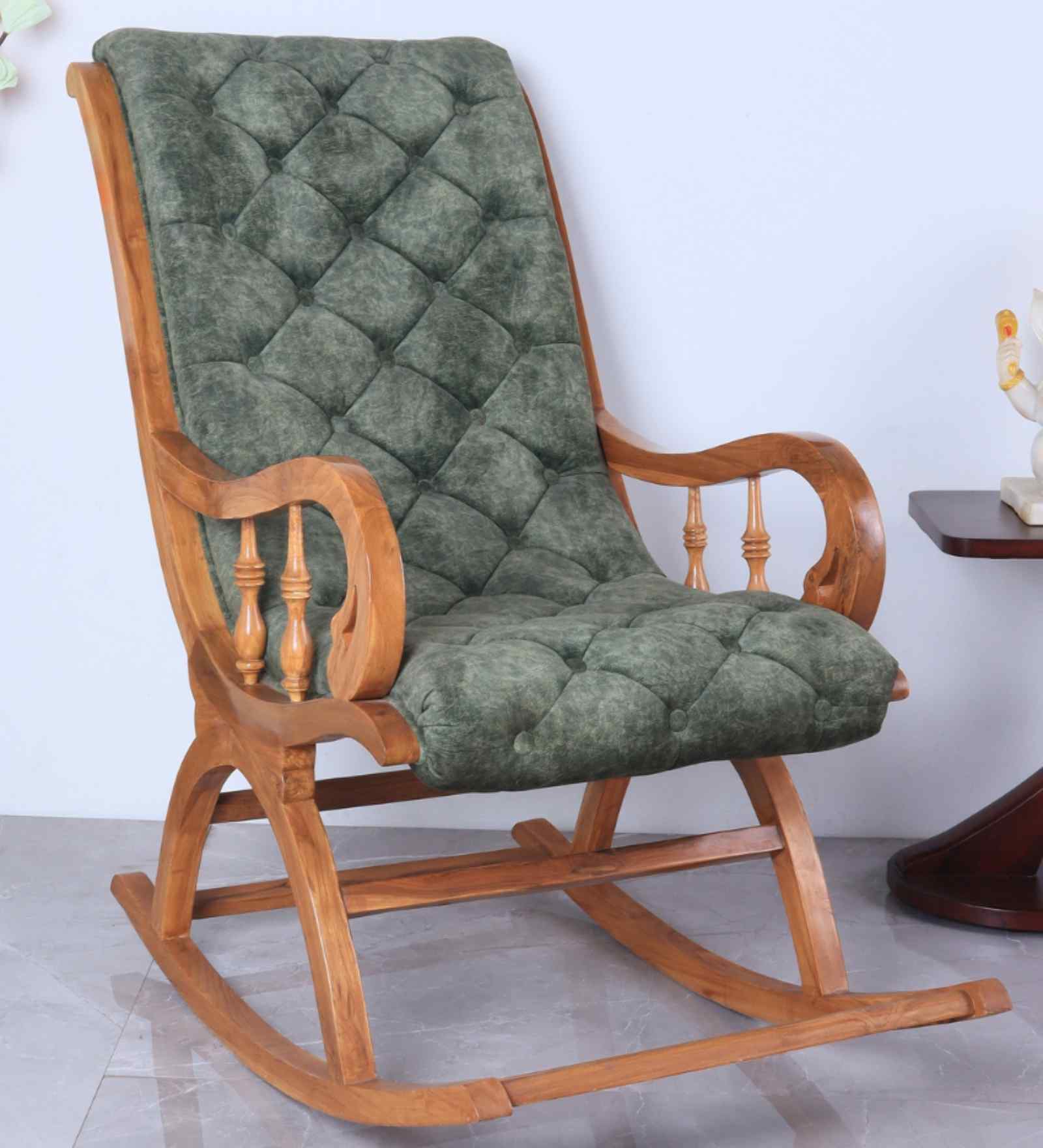 Aarava Fabric Upholstered Teak Wood Rocking Chair In Teak Forest Finish