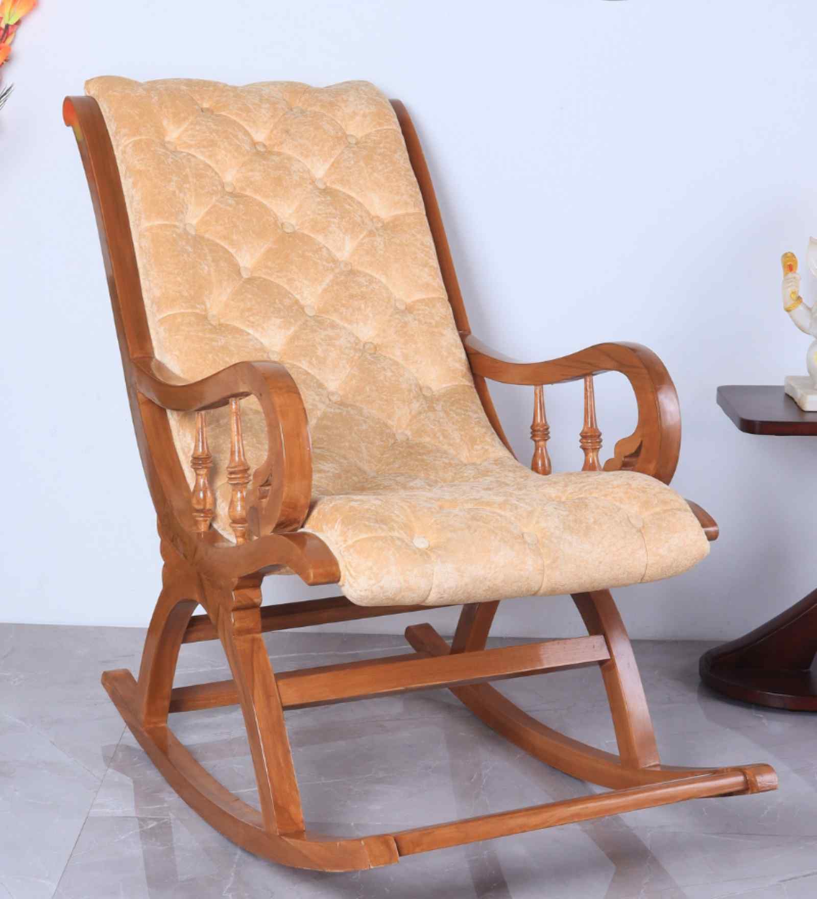 Aarava Fabric Upholstered Teak Wood Rocking Chair In Teak Gold Finish
