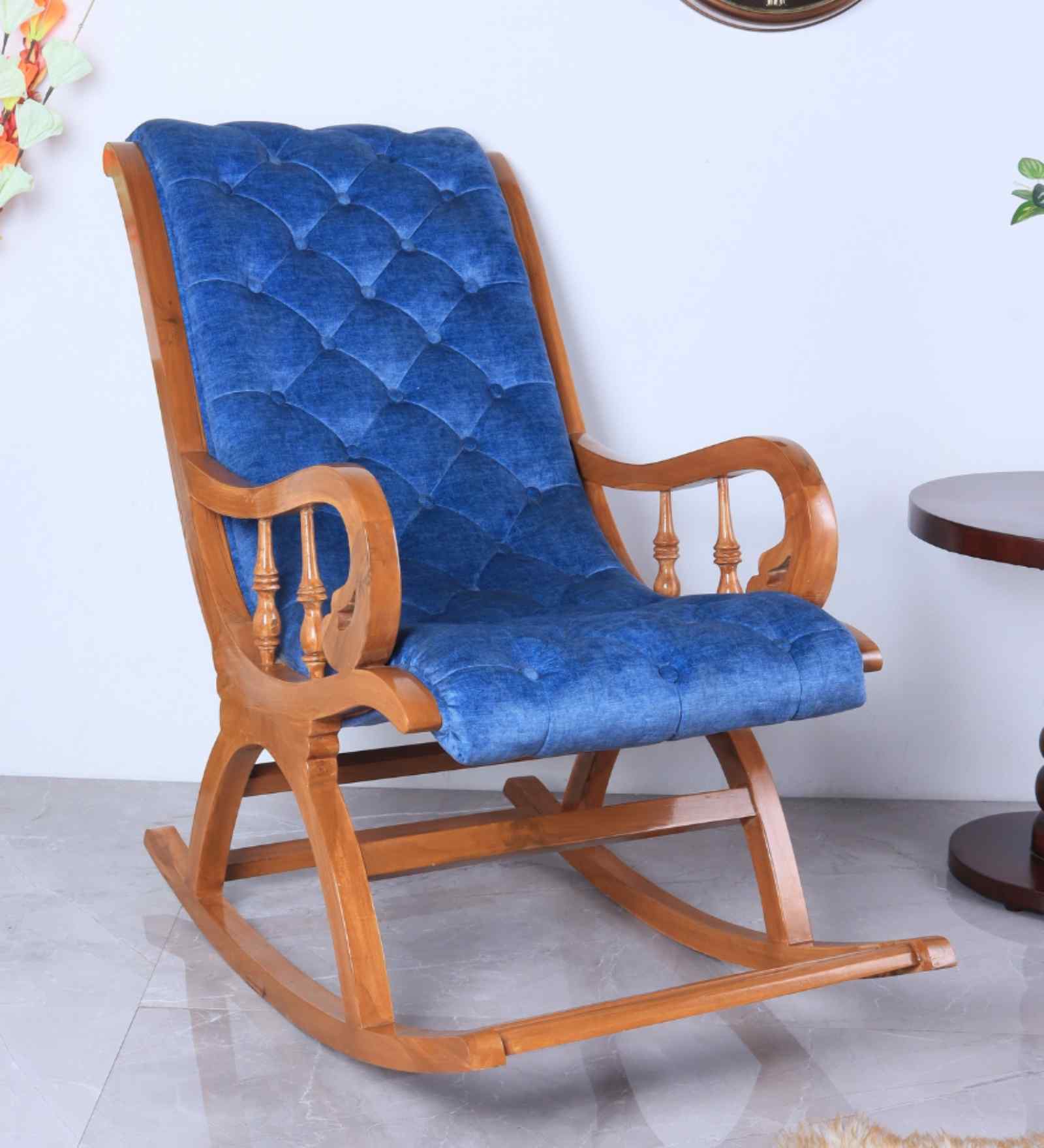 Aarava Fabric Upholstered Teak Wood Rocking Chair In Teak Indigo Finish