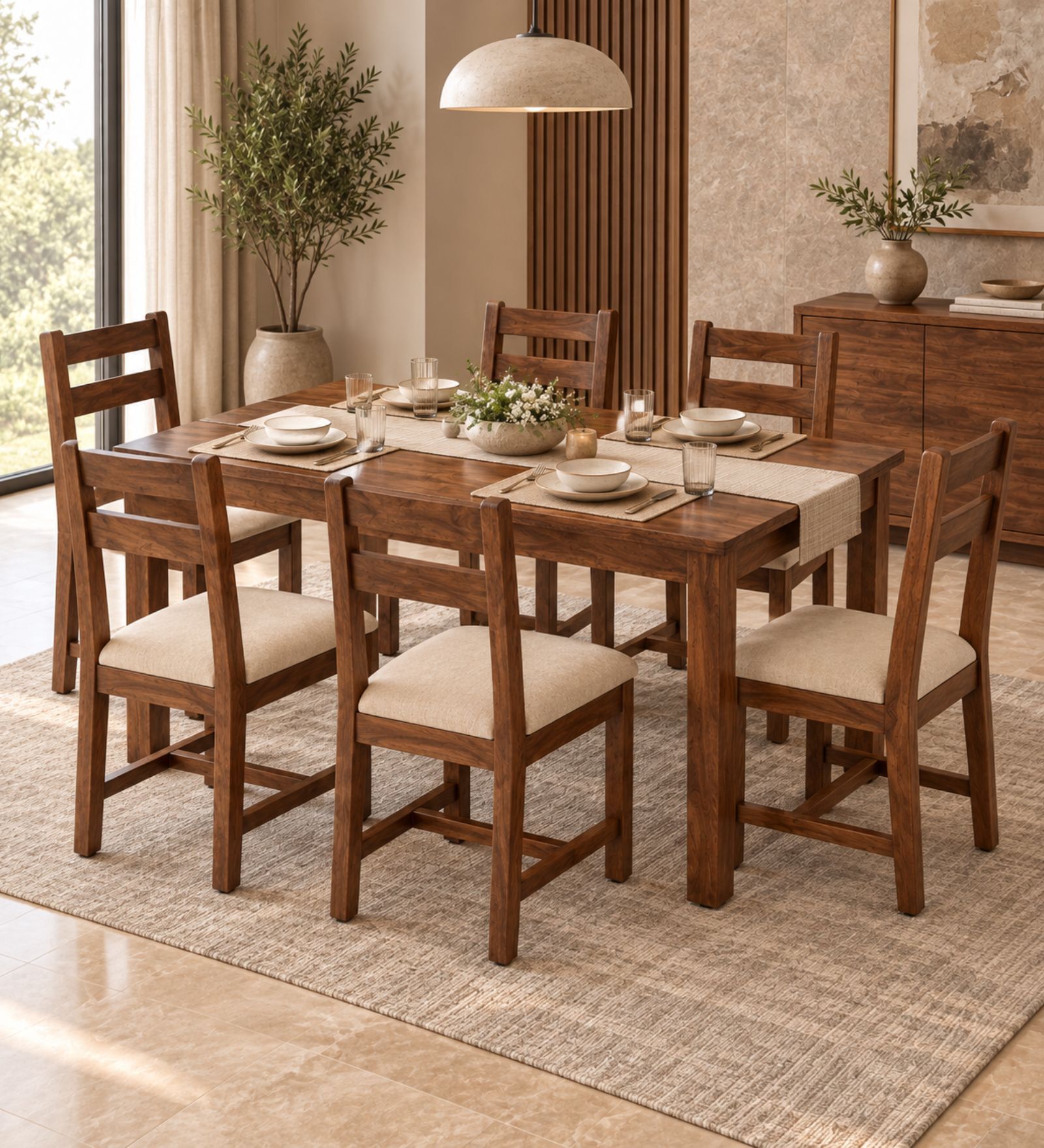 Aaroh 6 Seater Dining Set In Provincial Teak Finish With Beige Colour Chair Aaroh 6 Seater Dining Set In Provincial Teak Finish With Beige Colour Chair