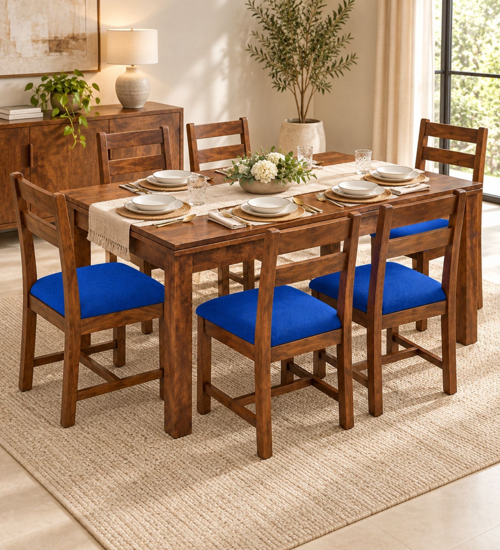 Aaroh 6 Seater Dining Set In Provincial Teak Finish With Navy Blue Colour Chair Aaroh 6 Seater Dining Set In Provincial Teak Finish With Navy Blue Colour Chair
