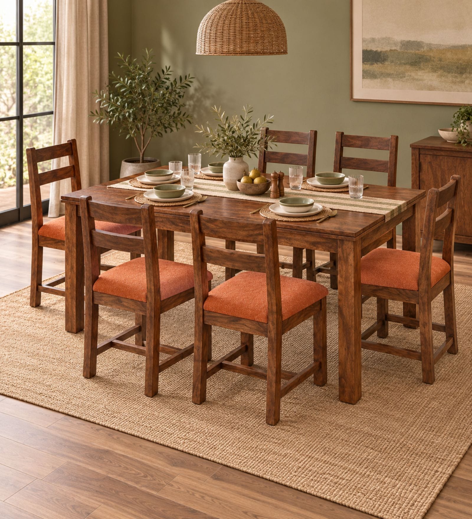 Aaroh 6 Seater Dining Set In Provincial Teak Finish With Terracotta Orange Colour Chair Aaroh 6 Seater Dining Set In Provincial Teak Finish With Terracotta Orange Colour Chair