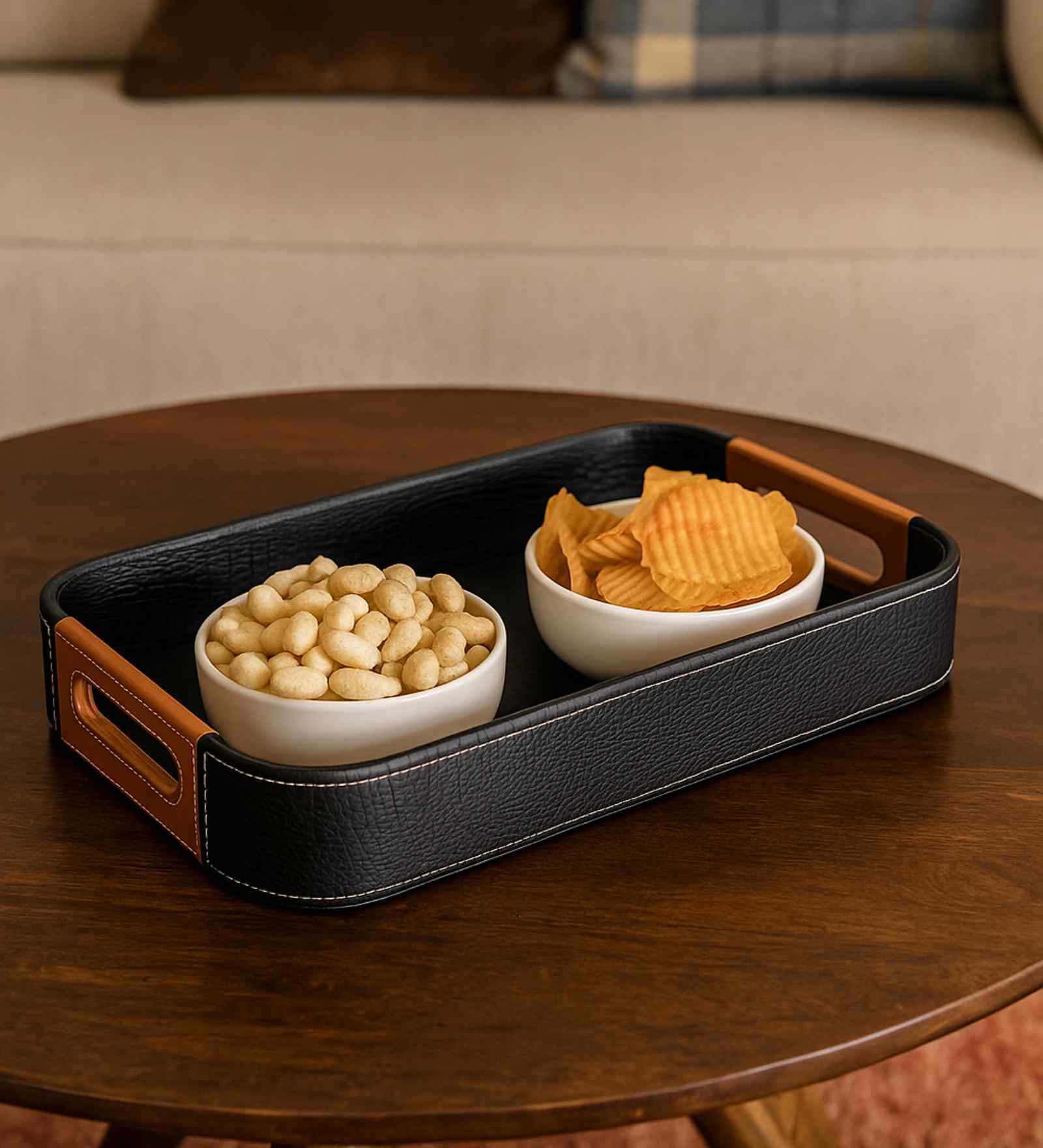 Black-Brown Premium Faux Leather Large Rectangular Serving Tray