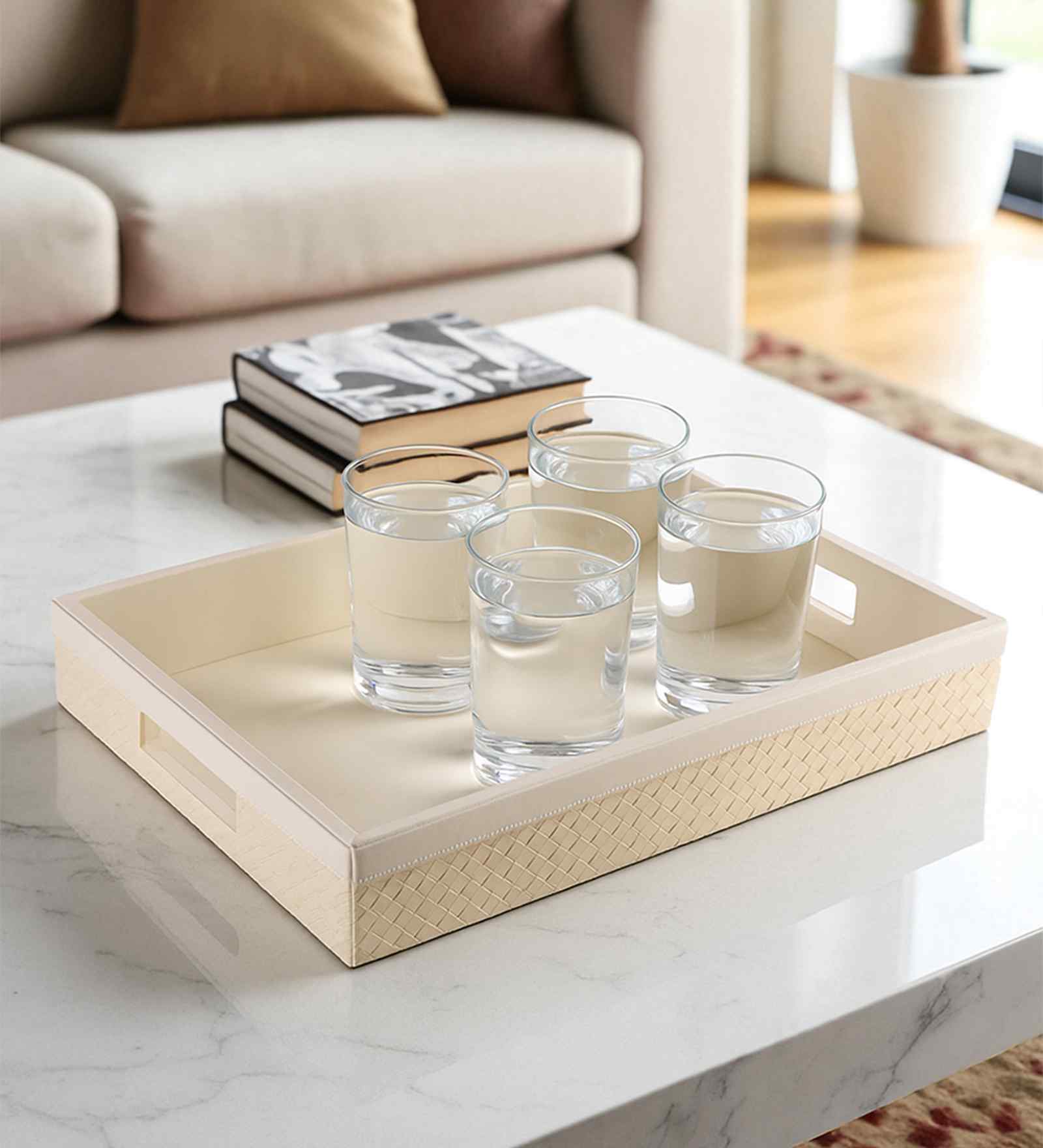 Off-White Premium Faux Leather Rectangular Serving Tray