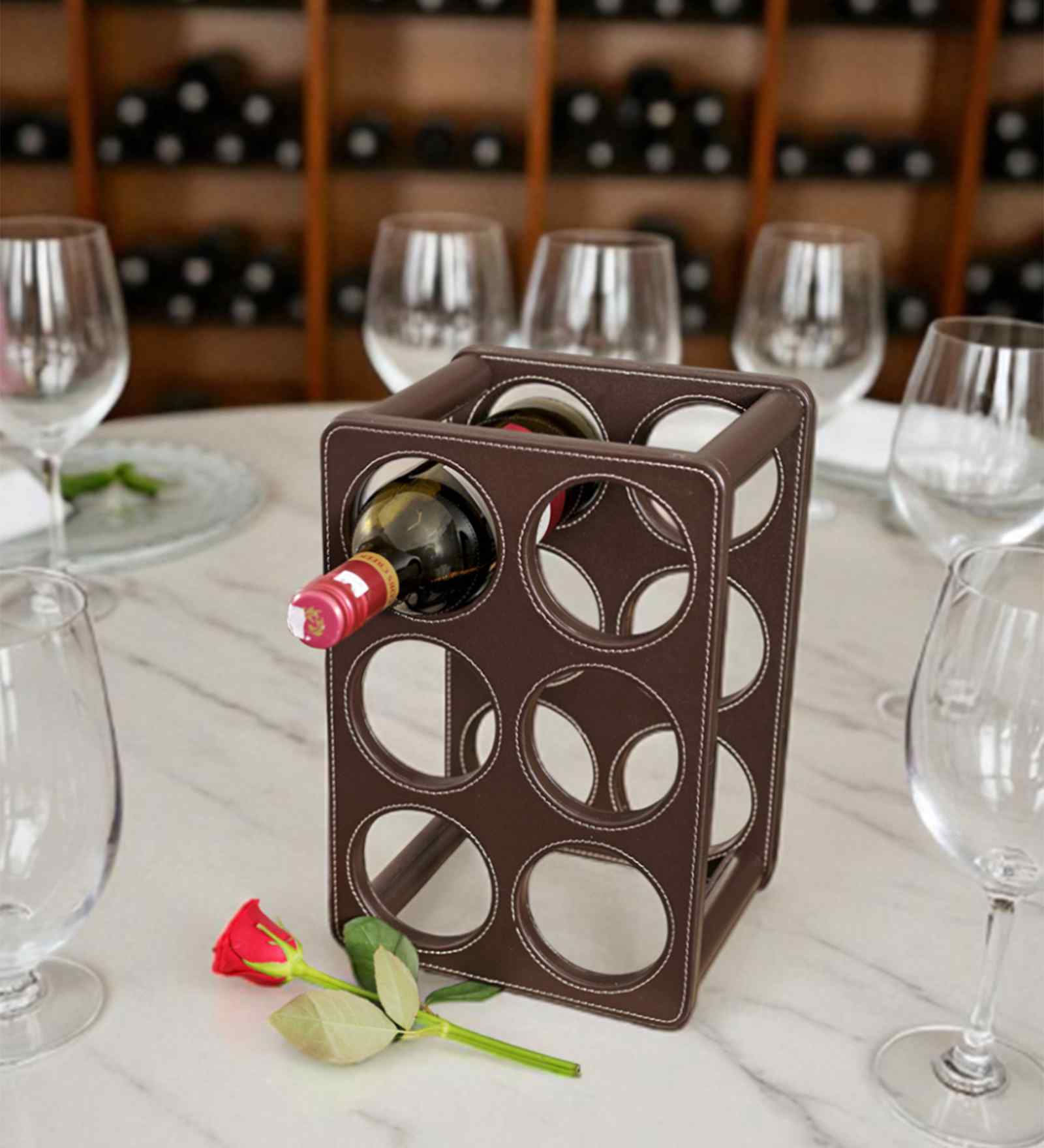 Studio Premium Faux Leather Wine Rack | Modern Vertical/Horizontal 6-Bottle Wine Holder